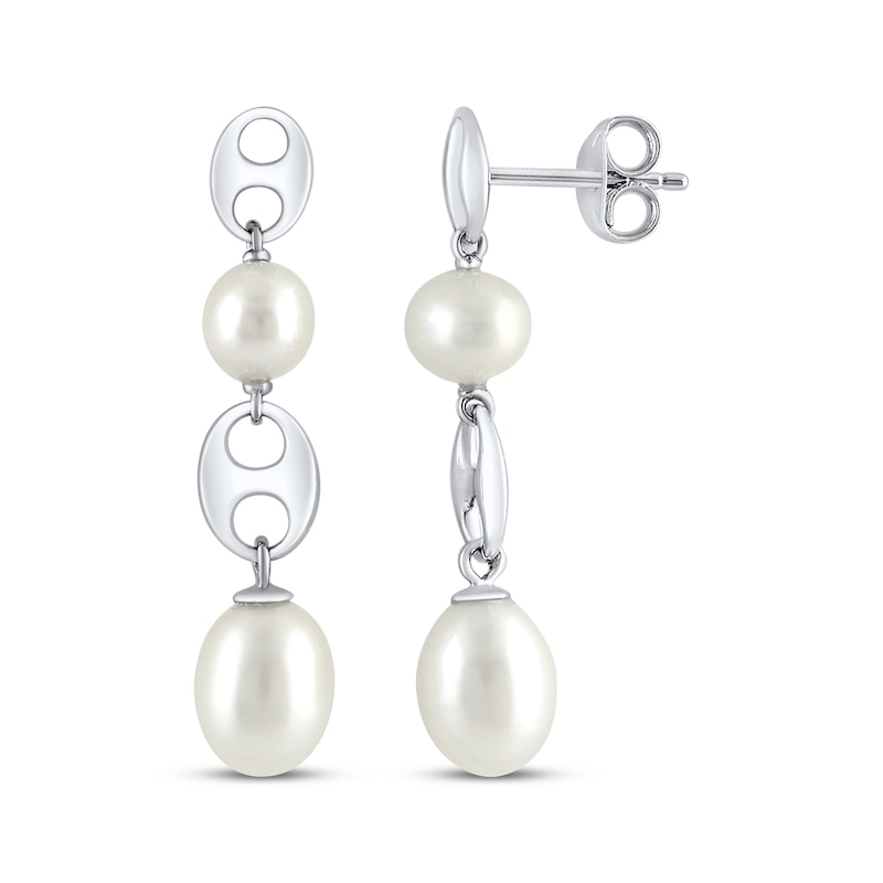 Cultured Pearl & Link Drop Earrings Sterling Silver