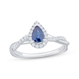Pear-Shaped Blue Sapphire & Diamond Halo Engagement Ring 1/4 ct tw 14K White Gold