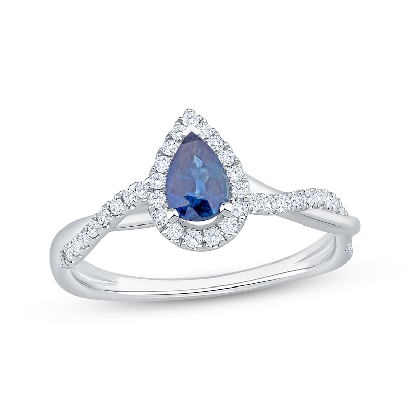 Main Image 1 of Pear-Shaped Blue Sapphire & Diamond Halo Engagement Ring 1/4 ct tw 14K White Gold