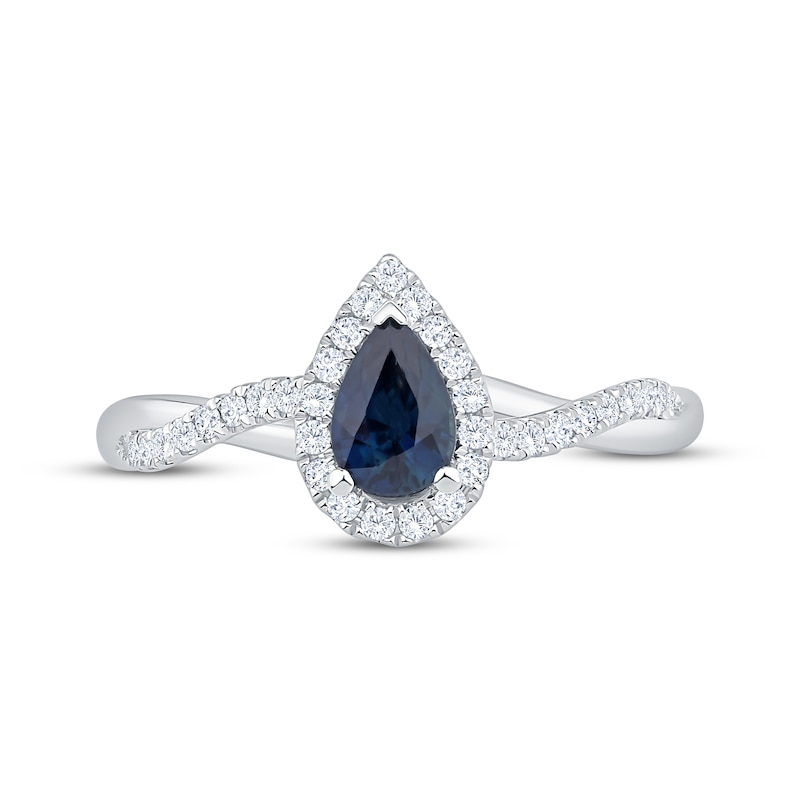 Main Image 3 of Pear-Shaped Blue Sapphire & Diamond Halo Engagement Ring 1/4 ct tw 14K White Gold