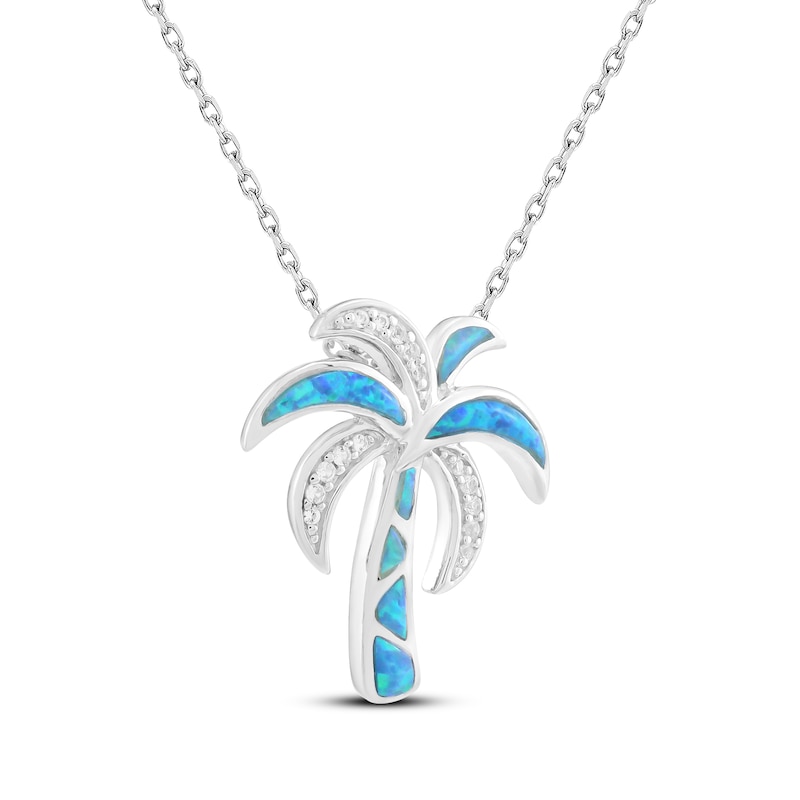 Main Image 2 of Blue-Green Lab-Created Opal & White Lab-Created Sapphire Palm Tree Necklace Sterling Silver 18&quot;