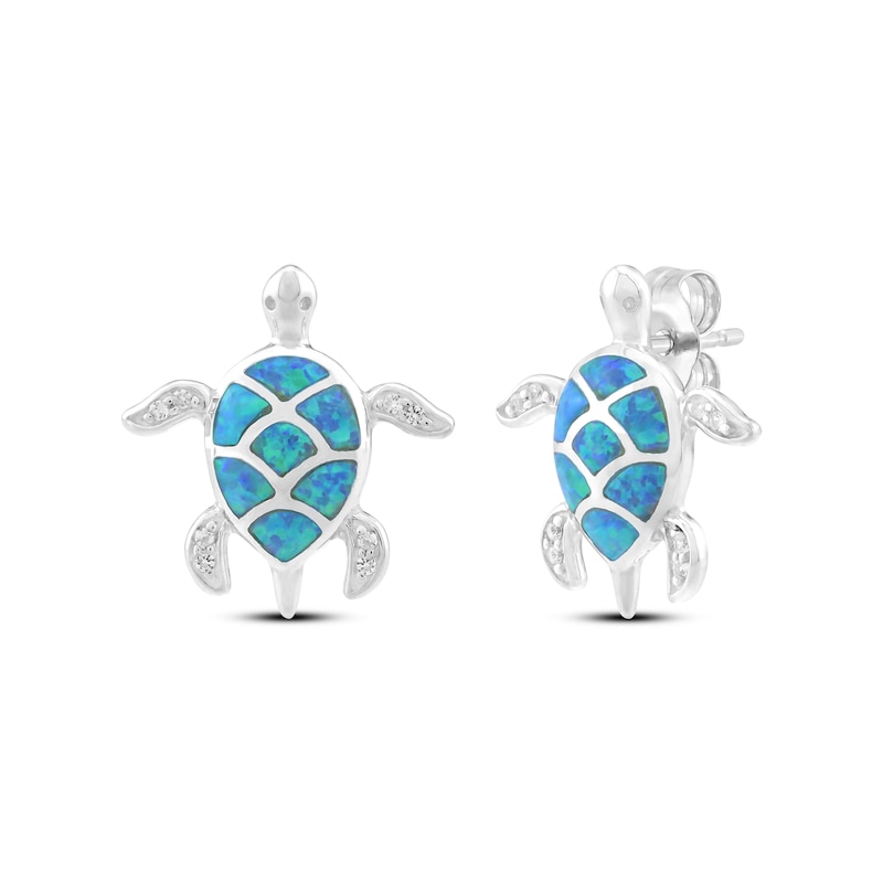 Main Image 1 of Blue-Green Lab-Created Opal & White Lab-Created Sapphire Turtle Stud Earrings Sterling Silver