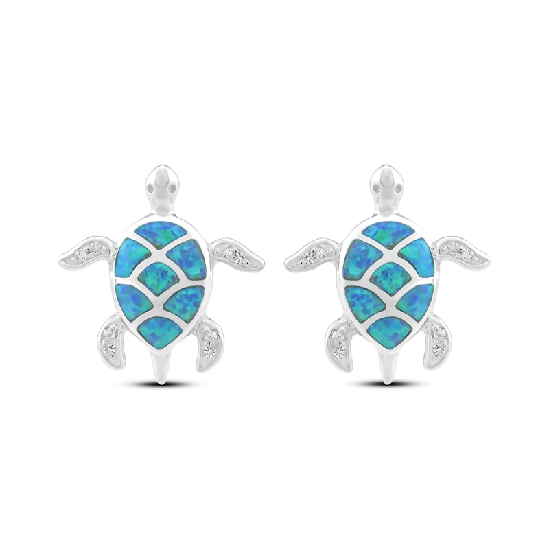 Main Image 2 of Blue-Green Lab-Created Opal & White Lab-Created Sapphire Turtle Stud Earrings Sterling Silver