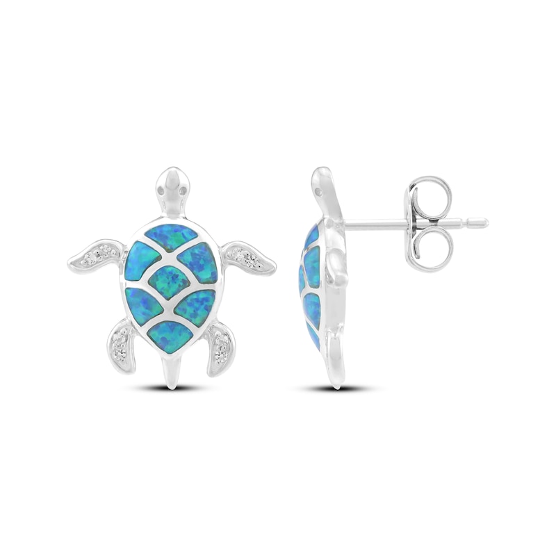 Main Image 3 of Blue-Green Lab-Created Opal & White Lab-Created Sapphire Turtle Stud Earrings Sterling Silver