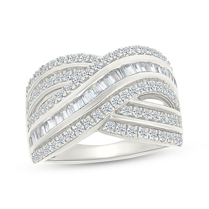 Main Image 1 of Baguette & Round-Cut Multi-Band Crossover Ring 1 ct tw 10K White Gold