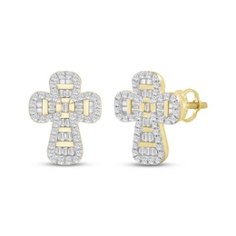 Men's Baguette & Round-Cut Diamond Cross Stud Earrings 1/4 ct tw 10K Yellow Gold