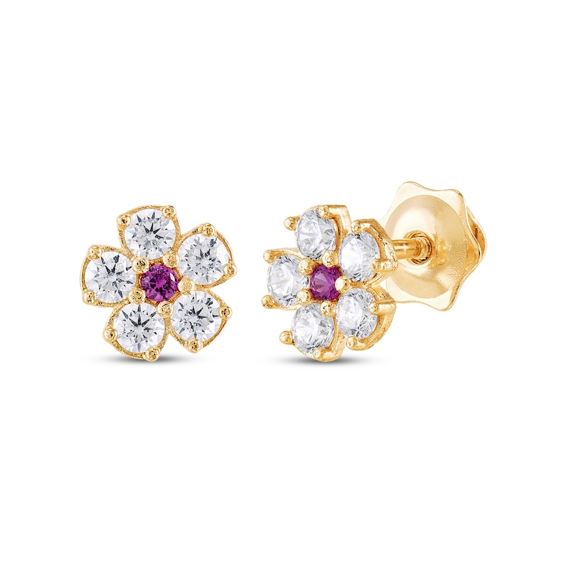 Main Image 1 of Children's Lab-Created Ruby & White Lab-Created Sapphire Flower Stud Earrings 14K Yellow Gold