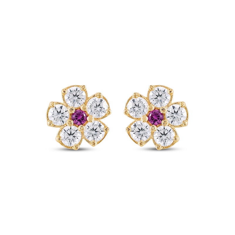 Main Image 2 of Children's Lab-Created Ruby & White Lab-Created Sapphire Flower Stud Earrings 14K Yellow Gold