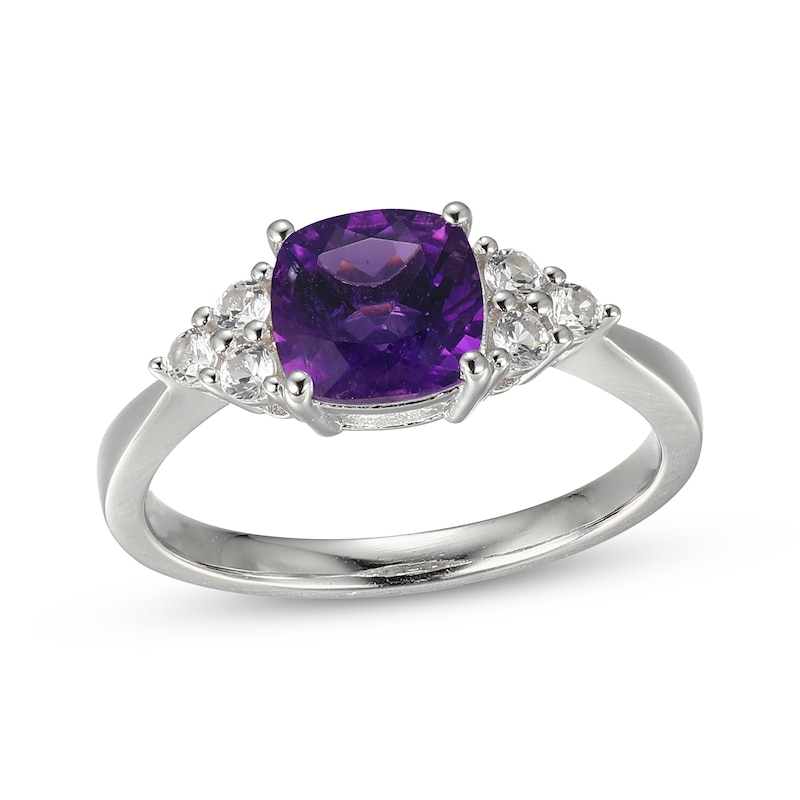 Main Image 1 of Cushion-Cut Amethyst & White Lab-Created Sapphire Ring Sterling Silver