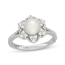 Neil Lane Cultured Akoya Pearl & Diamond Flower Engagement Ring 1/2 ct tw 14K White Gold