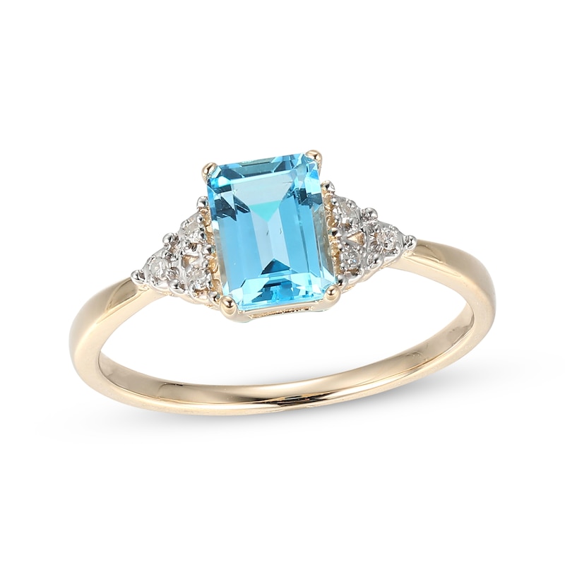 Main Image 1 of Emerald-Cut Swiss Blue Topaz & Diamond Accent Ring 10K Yellow Gold