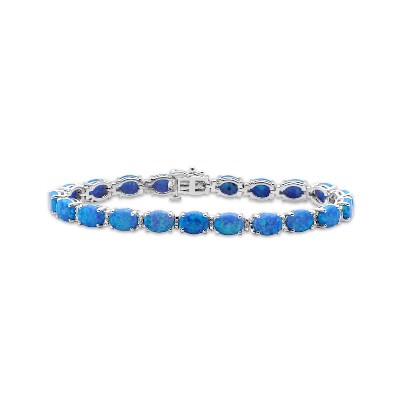 Main Image 1 of Oval-Cut Blue Lab-Created Opal & White Lab-Created Sapphire Link Bracelet Sterling Silver 7.5&quot;