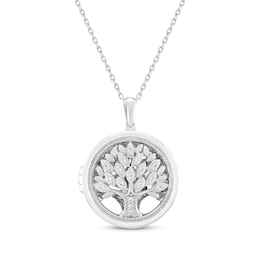 White Lab-Created Sapphire Tree of LIfe Locket Necklace Sterling Silver 18&quot;