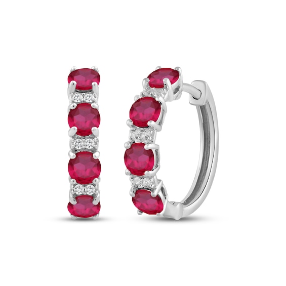 Lab-Created Ruby & White Lab-Created Sapphire Hoop Earrings Sterling Silver