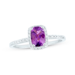 Cushion-Cut Amethyst & Diamond Halo Ring 1/10 ct tw 14K White Gold