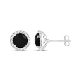 Black Onyx & White Lab-Created Sapphire Halo Stud Earrings Sterling Silver