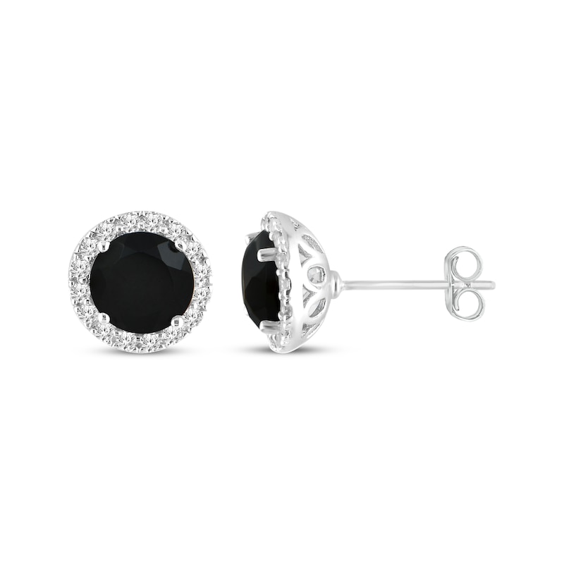 Main Image 1 of Black Onyx & White Lab-Created Sapphire Halo Stud Earrings Sterling Silver