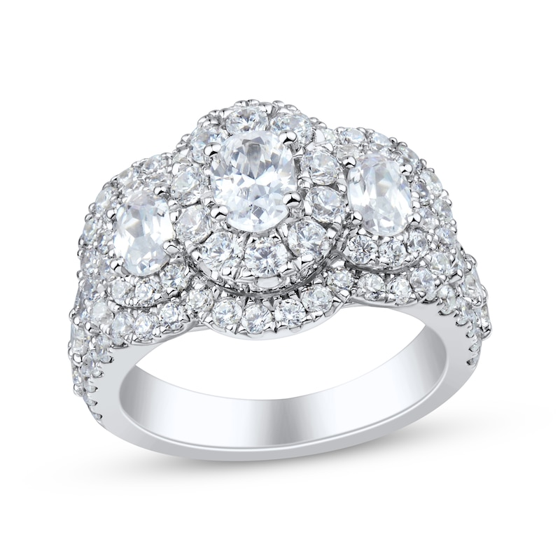 Main Image 1 of Oval-Cut Diamond Three-Stone Halo Engagement Ring 3 ct tw 14K White Gold