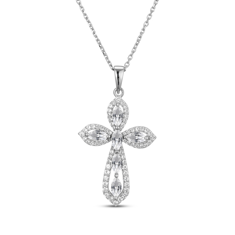 Main Image 1 of Marquise & Round-Cut White Lab-Created Sapphire Cross Necklace Sterling Silver 18&quot;