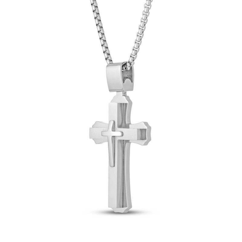 Main Image 2 of Men's Double Cross Necklace Stainless Steel 22&quot;