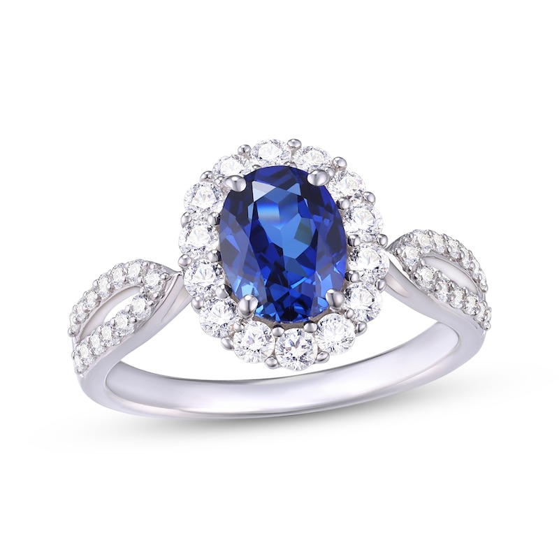 Main Image 1 of Oval-Cut Blue Lab-Created Sapphire & White Lab-Created Sapphire Ring Sterling Silver