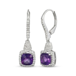 Cushion-Cut Amethyst & White Lab-Created Sapphire Dangle Earrings Sterling Silver