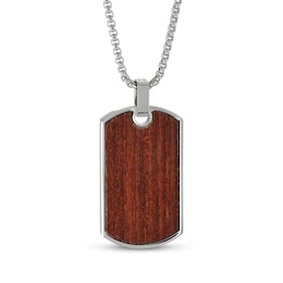 Men's Wood Dog Tag Necklace Stainless Steel 24&quot;