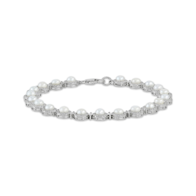 Main Image 1 of Cultured Pearl & White Lab-Created Sapphire Circle Link Bracelet Sterling Silver 7.5&quot;