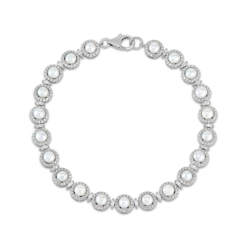 Main Image 2 of Cultured Pearl & White Lab-Created Sapphire Circle Link Bracelet Sterling Silver 7.5&quot;