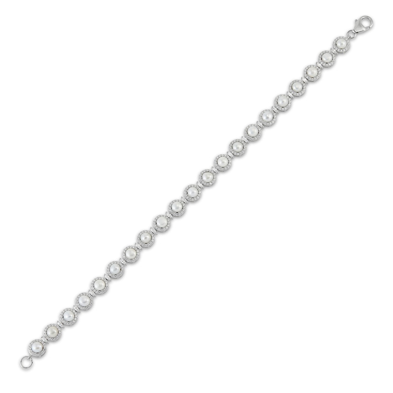 Main Image 3 of Cultured Pearl & White Lab-Created Sapphire Circle Link Bracelet Sterling Silver 7.5&quot;