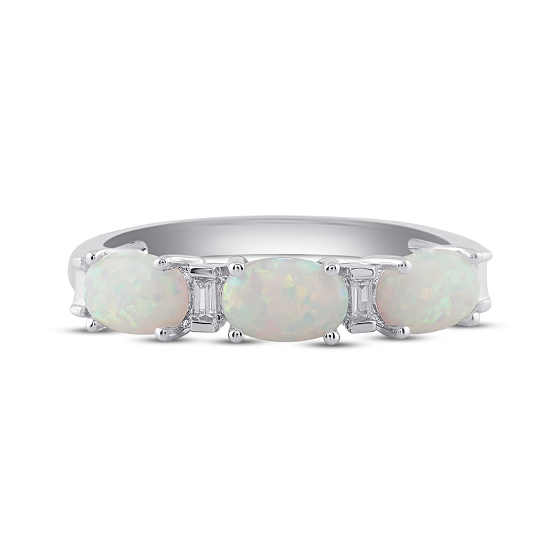 Main Image 3 of Oval-Cut Lab-Created Opal & Diamond Accent Three-Stone Ring Sterling Silver