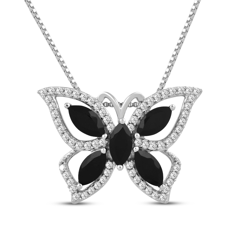 Main Image 1 of Marquise-Cut Black Onyx & White Lab-Created Sapphire Butterfly Necklace Sterling Silver 18&quot;