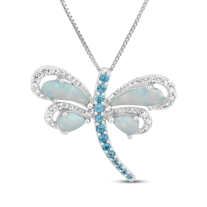 Lab-Created Opal, Swiss Blue Topaz & White Lab-Created Sapphire Dragonfly Necklace Sterling Silver 18"