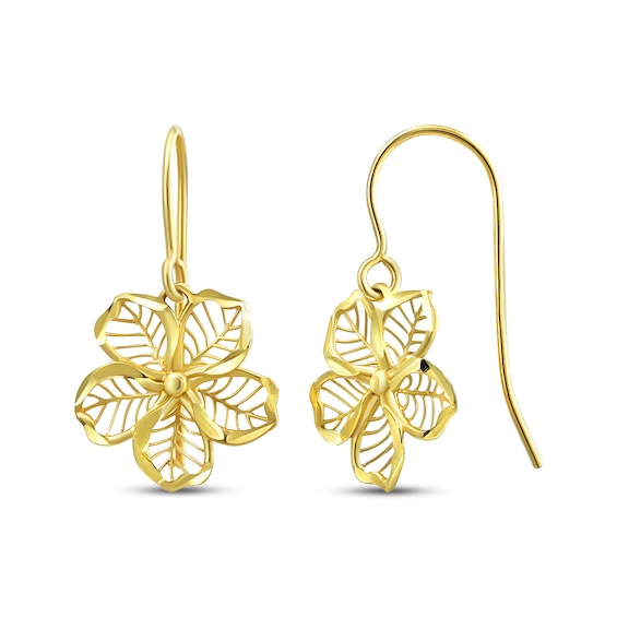 Filigree Island Flower Dangle Earrings 10K Yellow Gold 18"