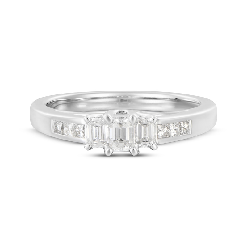 Main Image 4 of Emerald-Cut Diamond Three-Stone Engagement Ring 1/2 ct tw 14K White Gold