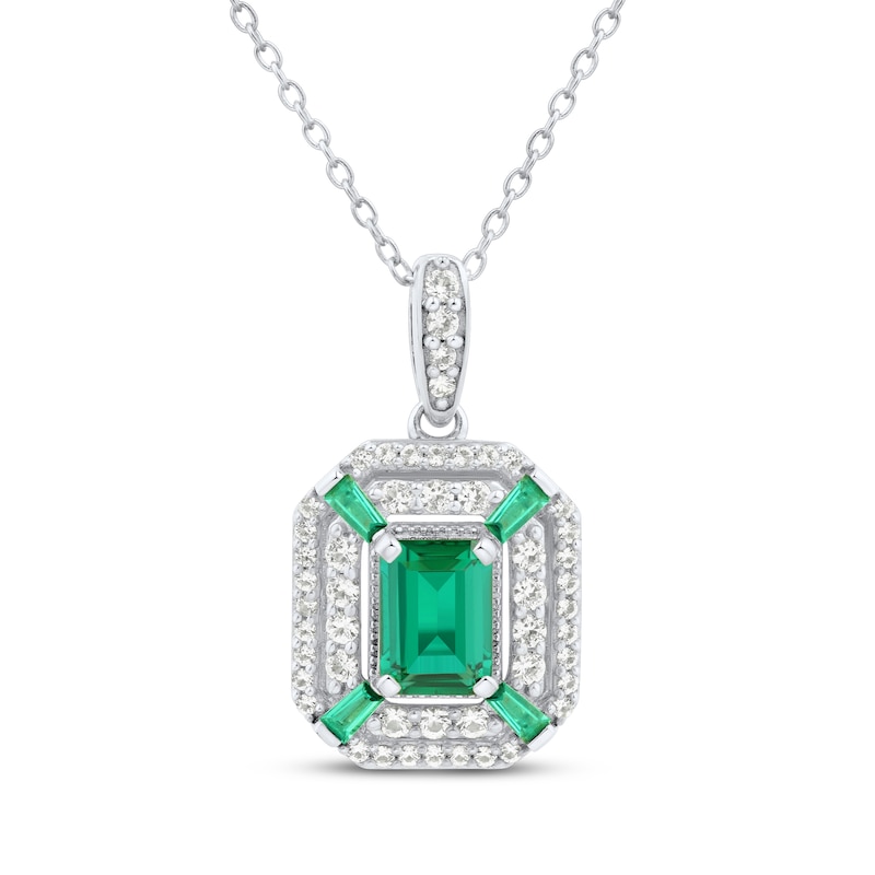 Main Image 1 of Emerald-Cut Lab-Created Emerald & White Lab-Created Sapphire Necklace Sterling Silver 18&quot;