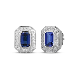 Men's Emerald-Cut Blue Sapphire & Diamond Frame Stud Earrings 1/5 ct tw 10K White Gold