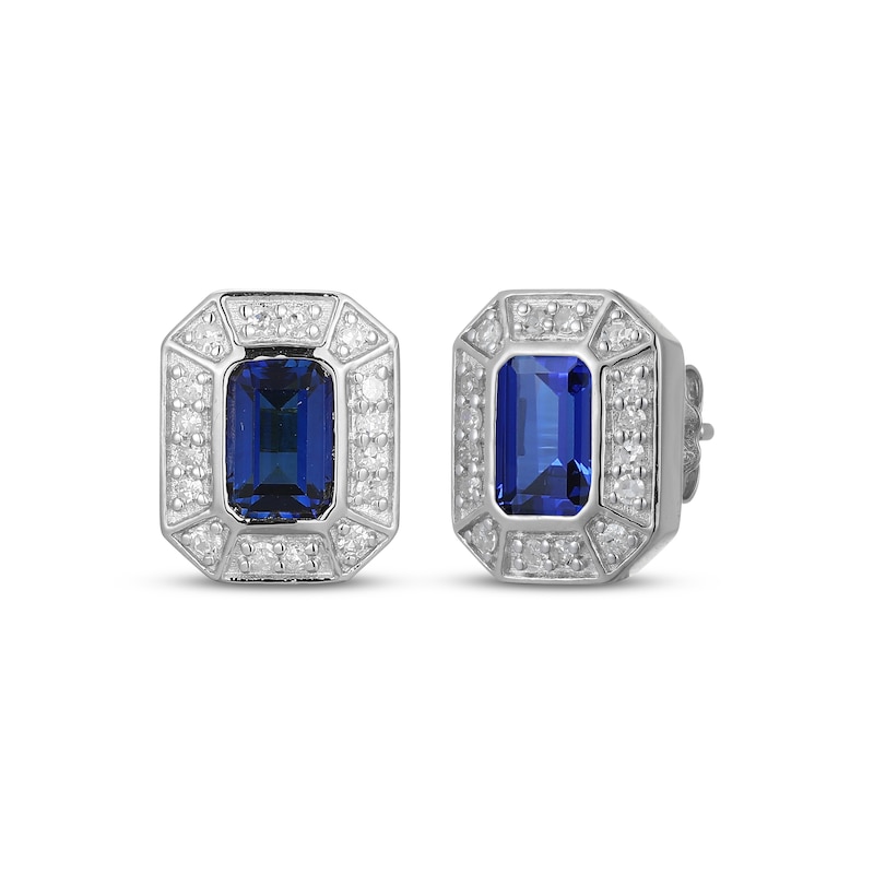 Main Image 1 of Men's Emerald-Cut Blue Sapphire & Diamond Frame Stud Earrings 1/5 ct tw 10K White Gold