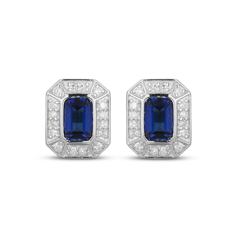 Main Image 2 of Men's Emerald-Cut Blue Sapphire & Diamond Frame Stud Earrings 1/5 ct tw 10K White Gold