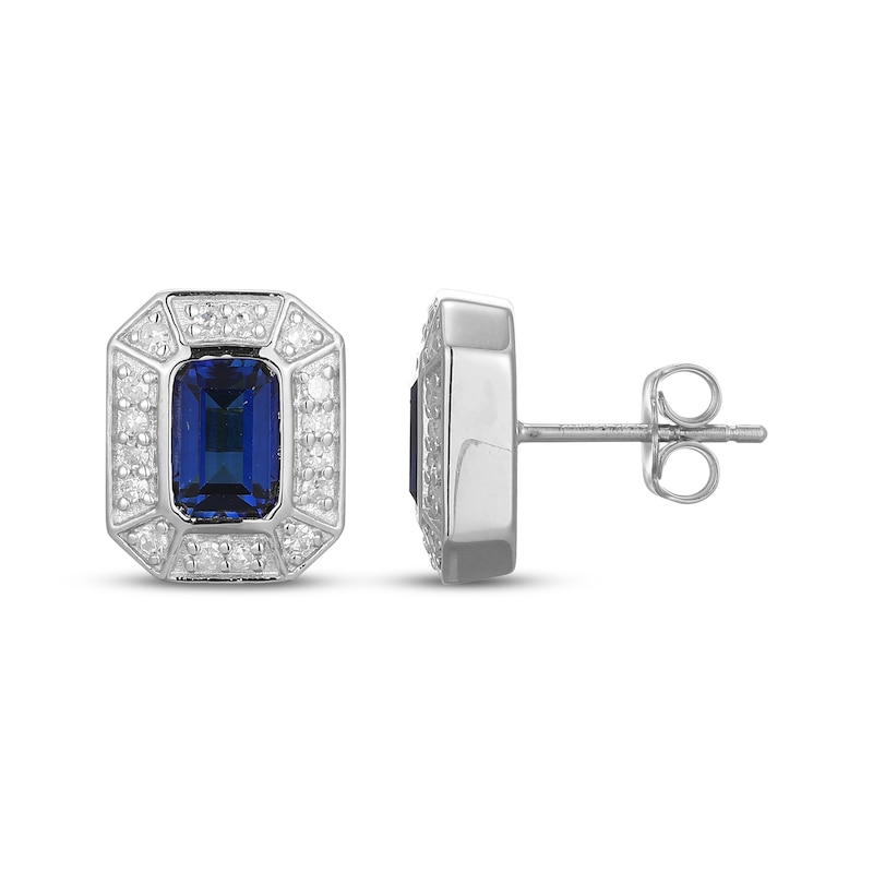 Main Image 3 of Men's Emerald-Cut Blue Sapphire & Diamond Frame Stud Earrings 1/5 ct tw 10K White Gold