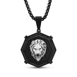 Men's Black Diamond Lion Head Octagon Necklace 1/2 ct tw Stainless Steel & Black Ion Plating 24&quot;