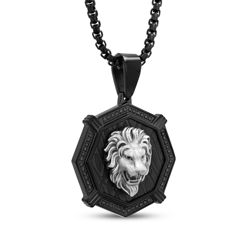 Main Image 2 of Men's Black Diamond Lion Head Octagon Necklace 1/2 ct tw Stainless Steel & Black Ion Plating 24&quot;