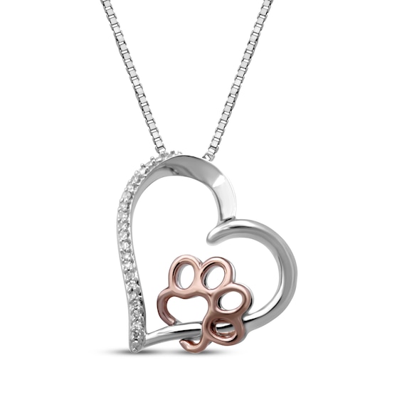 Diamond Accent Paw Print Heart Necklace Sterling Silver & 10K Rose Gold 18"