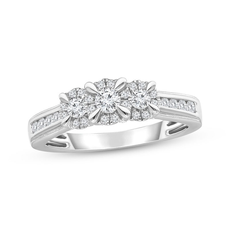 Main Image 1 of Memories Moments Magic Three Stone Diamond Engagement Ring 1/2 ct tw Round-cut 10K White Gold