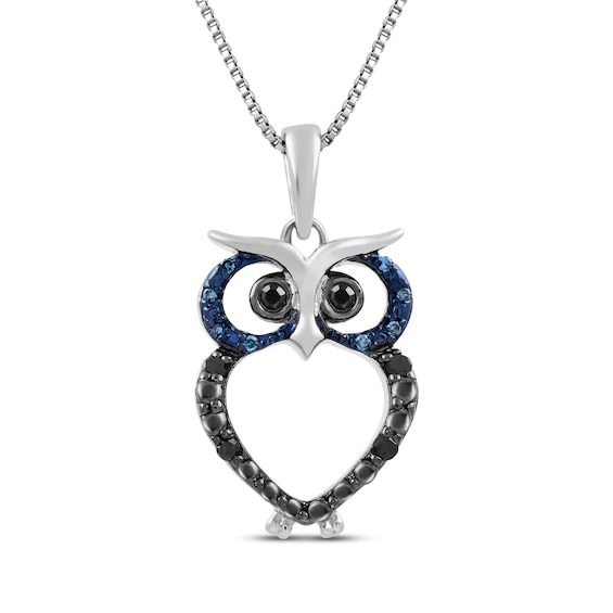 Black & Blue Diamond Owl Necklace 1/15 ct tw Sterling Silver 18"
