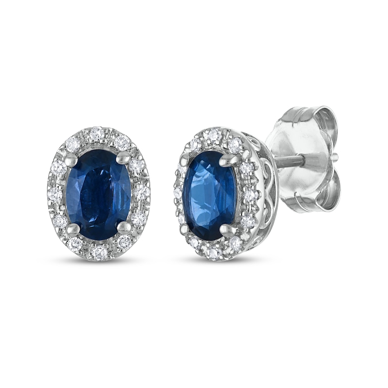 Main Image 1 of Oval-Cut Natural Blue Sapphire & Diamond Stud Earrings 1/10 ct tw 14K White Gold