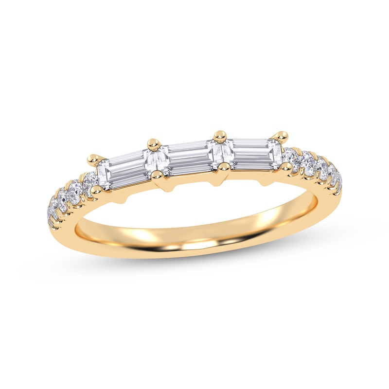 Main Image 1 of Baguette & Round-Cut Diamond Three-Stone Anniversary Ring 1/3 ct tw 14K Yellow Gold