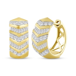 Men's Round & Baguette-Cut Diamond Chevron Huggie Hoop Earrings 1/2 ct tw 10K Yellow Gold