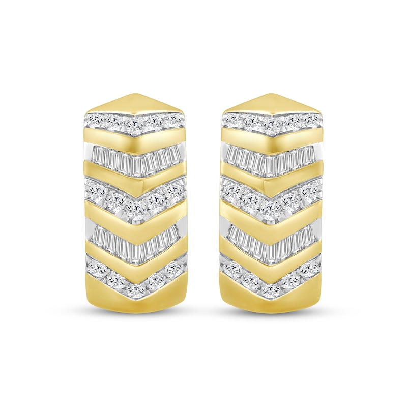 Main Image 2 of Men's Round & Baguette-Cut Diamond Chevron Huggie Hoop Earrings 1/2 ct tw 10K Yellow Gold