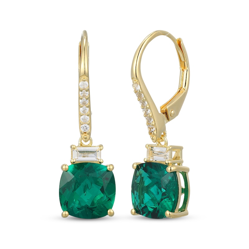 Main Image 1 of Cushion-Cut Lab-Created Emerald & White Lab-Created Sapphire Drop Earrings 18K Yellow Gold-Plated Sterling Silver